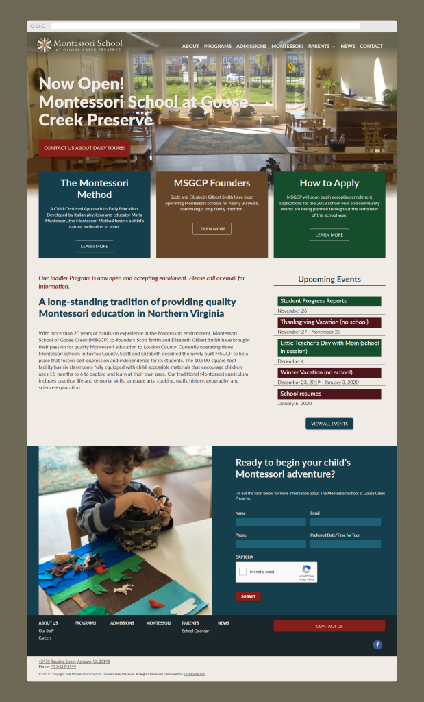 Goose Creek Montessori homepage design
